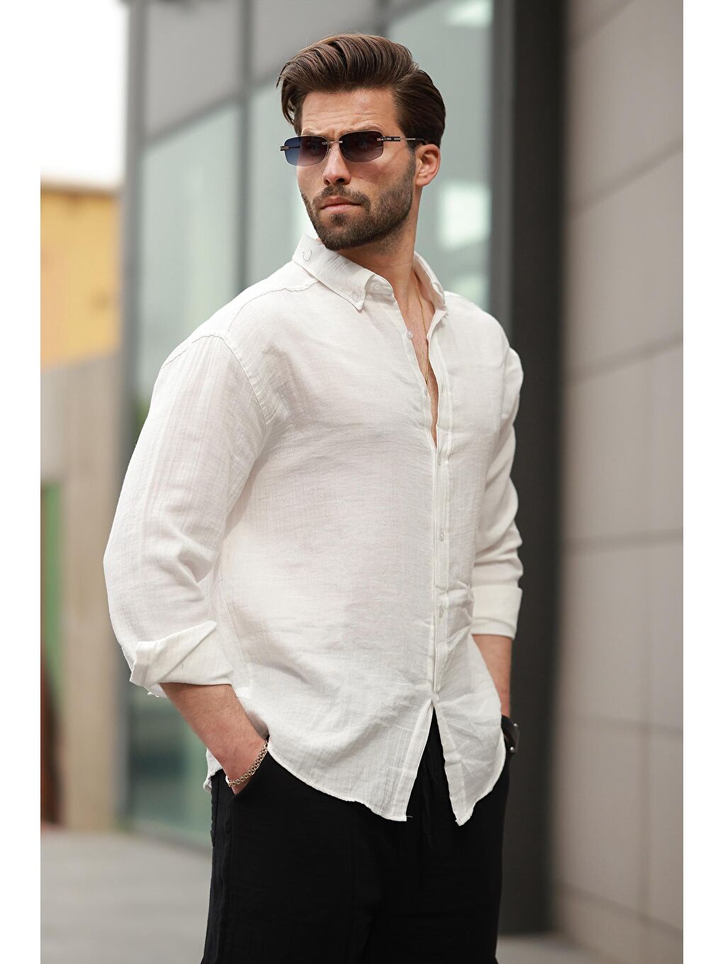 Beyaz Basic %100 Pamuklu Uzun Kollu Erkek Gömlek E6761-2