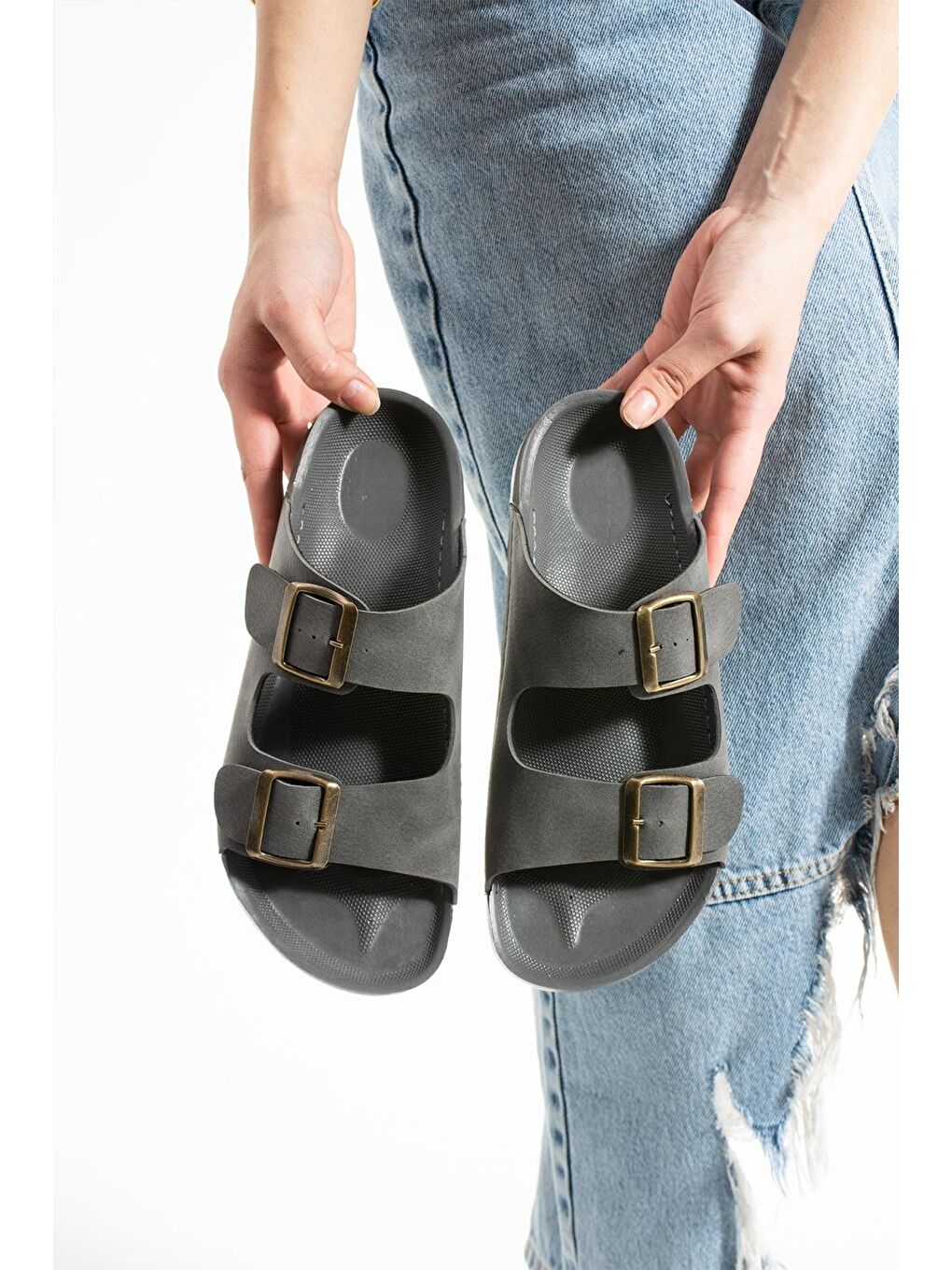 Gri DAKOTA Unisex Ortopedik Terlik Günlük Kadın ve Erkek Dikişli Terlik Dış Mekan ve Ev Terliği