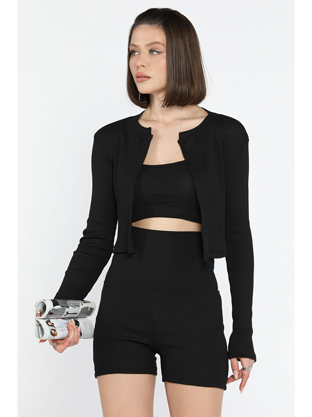 Siyah Kadın Kaşkorse Crop Hırka Şort Üçlü Takım-1