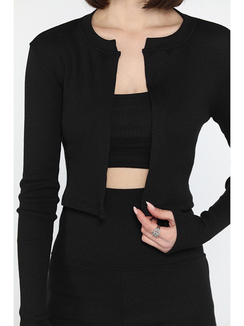 Siyah Kadın Kaşkorse Crop Hırka Şort Üçlü Takım-2