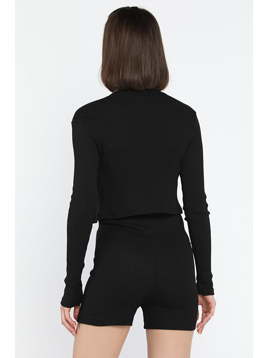 Siyah Kadın Kaşkorse Crop Hırka Şort Üçlü Takım-3