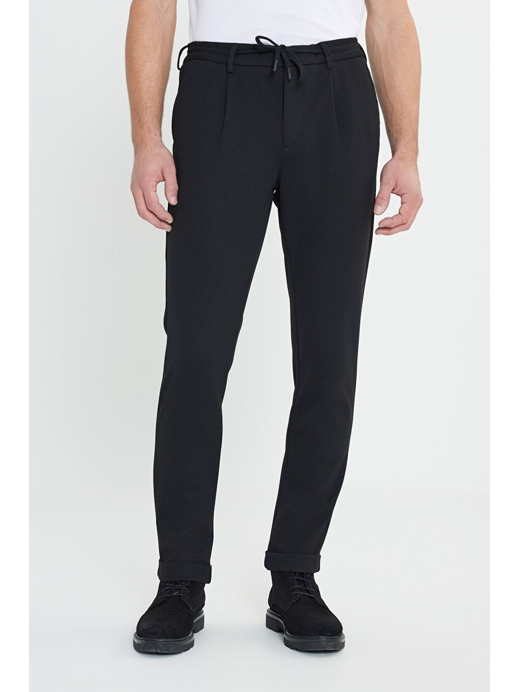 Erkek Siyah Slim Fit Dar Kesim Beli Bağlamalı Yan Cep Esnek Casual Pantolon