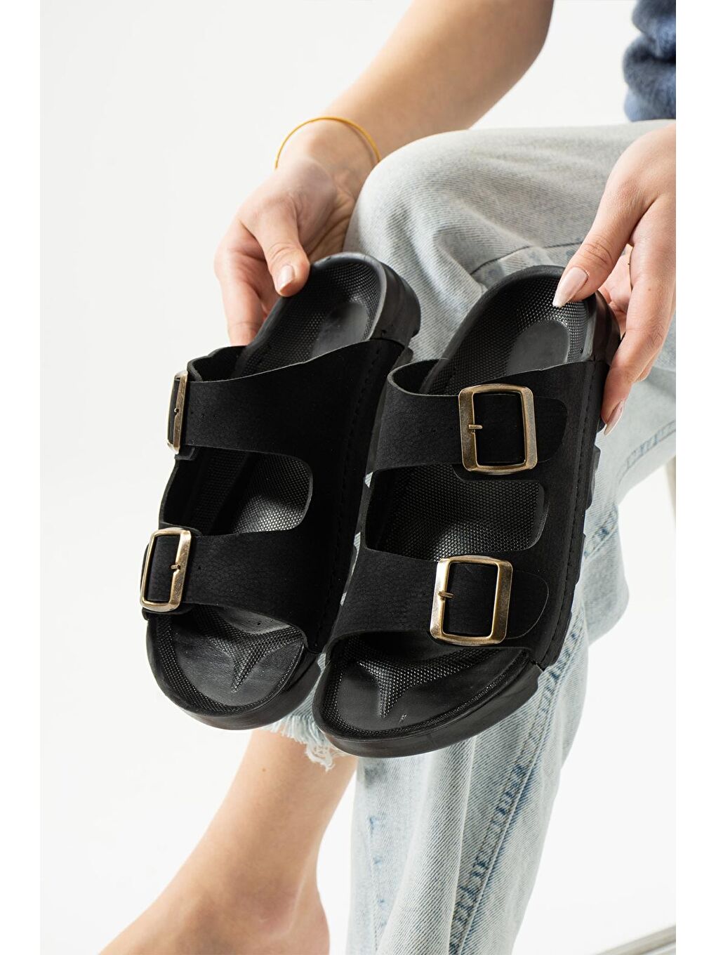 Siyah DAKOTA Unisex Ortopedik Terlik Günlük Kadın ve Erkek Dikişli Terlik Dış Mekan ve Ev Terliği