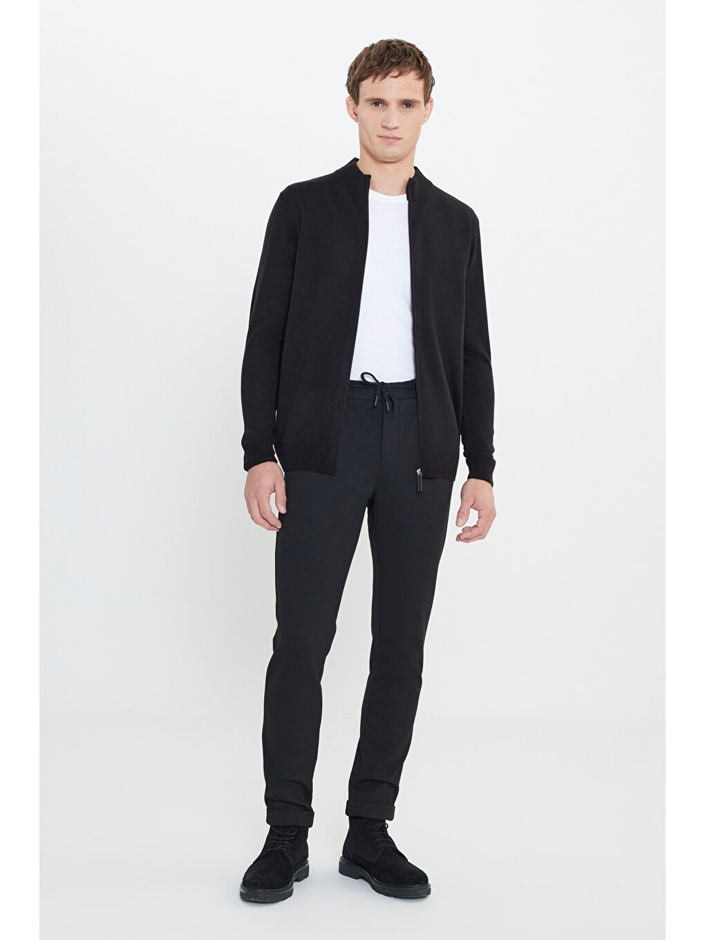 Erkek Siyah Slim Fit Dar Kesim Beli Bağlamalı Yan Cep Esnek Casual Pantolon-1