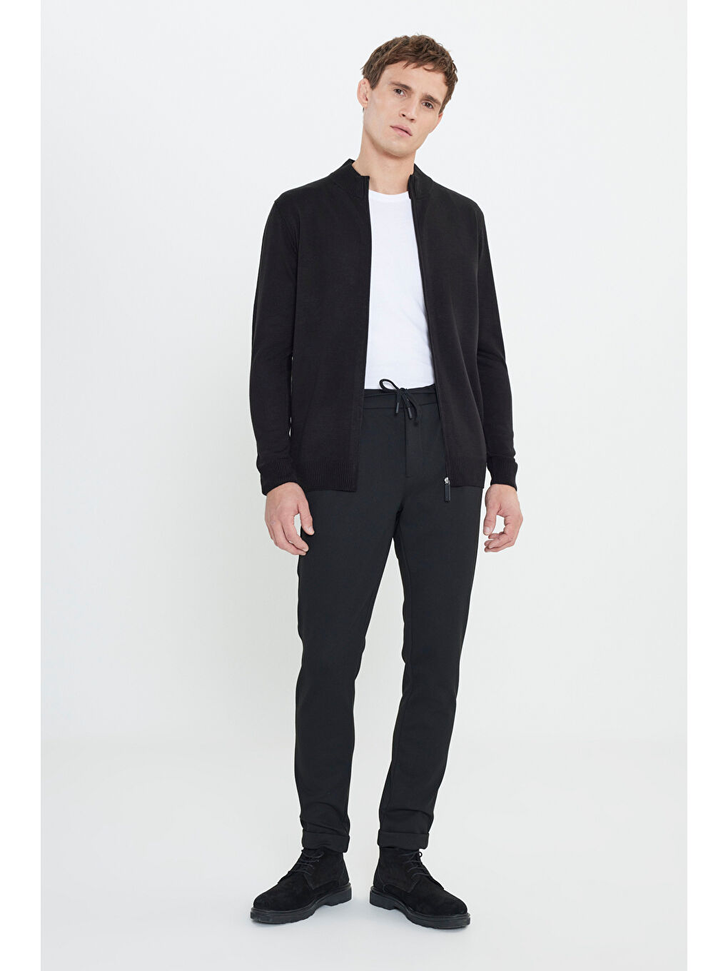 Erkek Siyah Slim Fit Dar Kesim Beli Bağlamalı Yan Cep Esnek Casual Pantolon-2