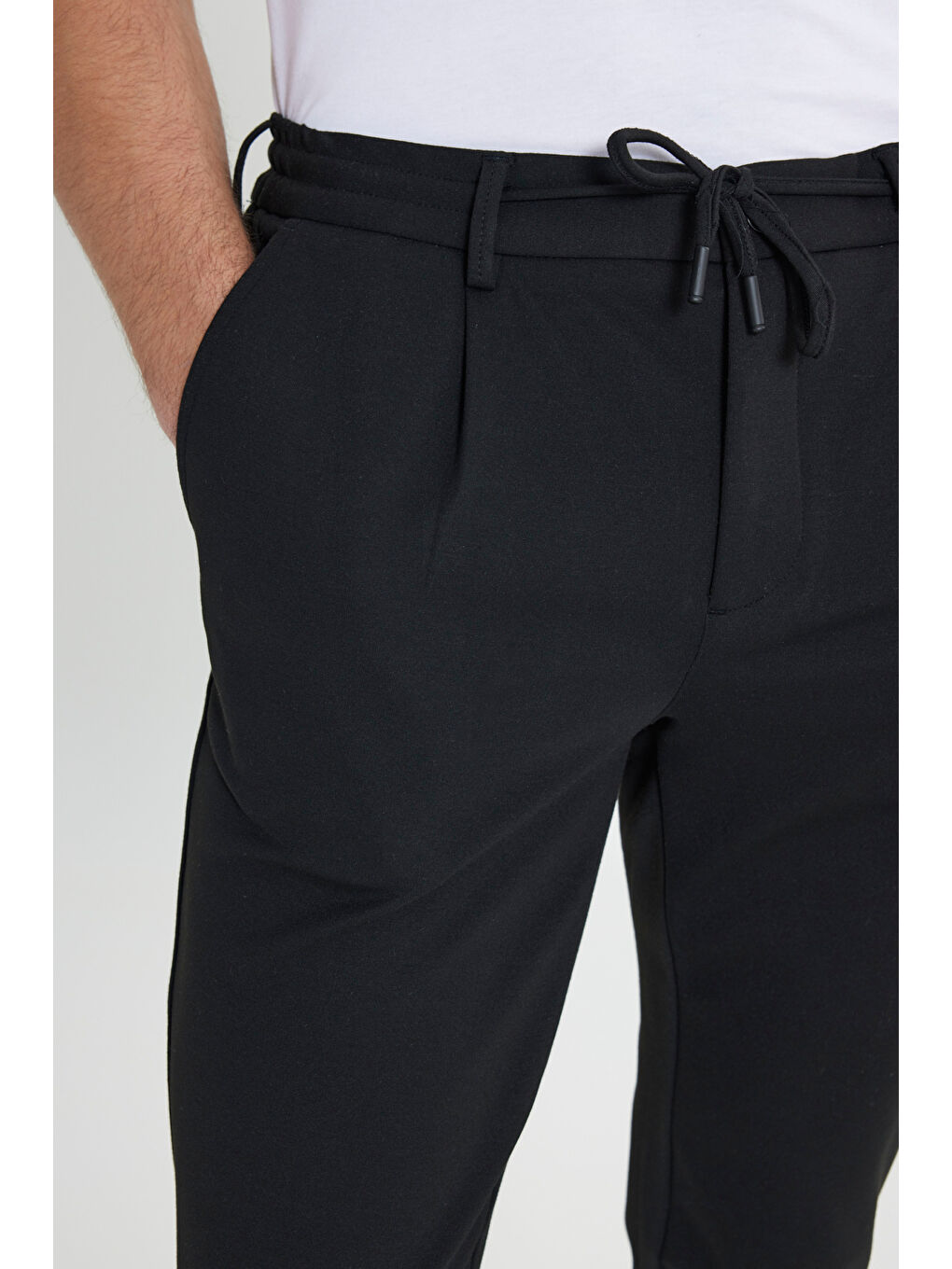Erkek Siyah Slim Fit Dar Kesim Beli Bağlamalı Yan Cep Esnek Casual Pantolon-3