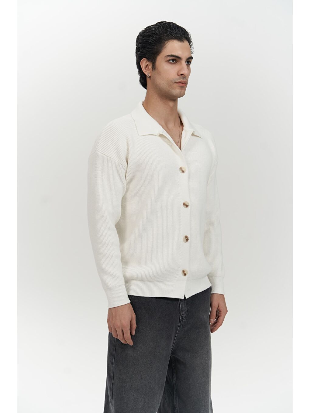 Mai Collection Bastian Düğme Detay Ekru Erkek Triko Hırka - 2