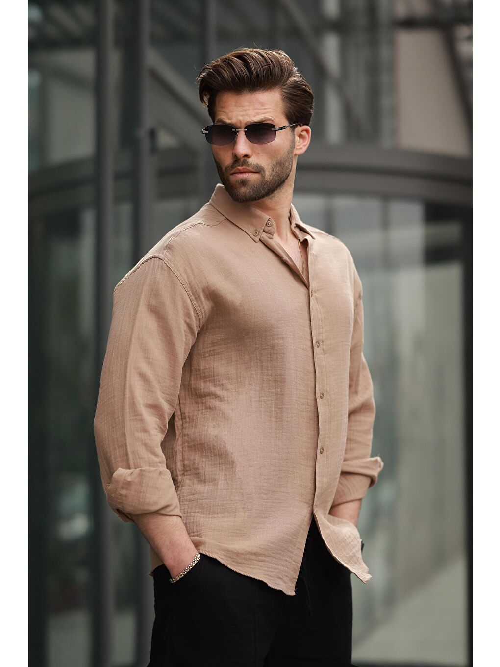 Kahverengi Camel Basic %100 Pamuklu Uzun Kollu Erkek Gömlek E6761-1