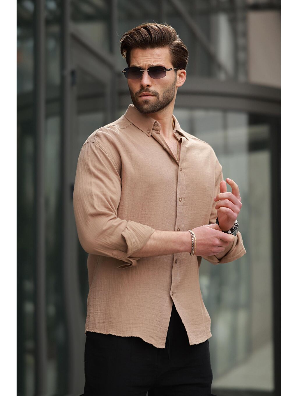 Kahverengi Camel Basic %100 Pamuklu Uzun Kollu Erkek Gömlek E6761-2