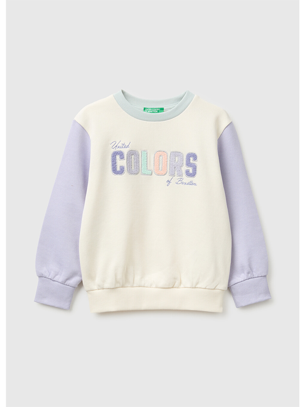 Ekru Kız Bebek Krem Önü İşlemeli Uzun Kollu Bisiklet Yaka Sweatshirt