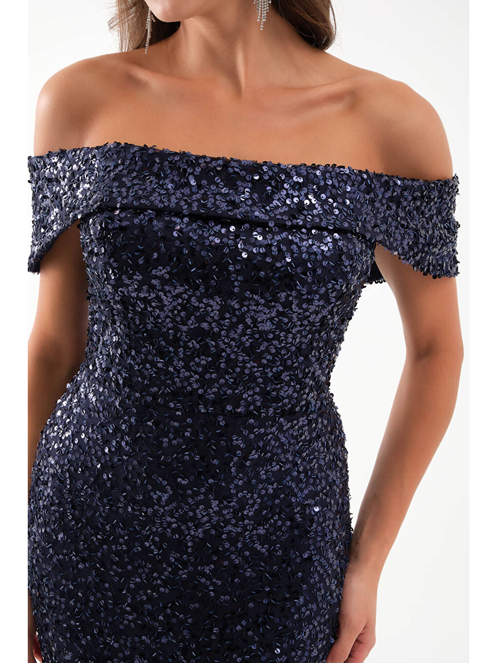 Kadın Lacivert Madonna Yaka Pul Payet Uzun Abiye Elbise-3