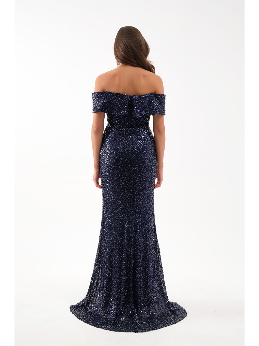 Kadın Lacivert Madonna Yaka Pul Payet Uzun Abiye Elbise-4