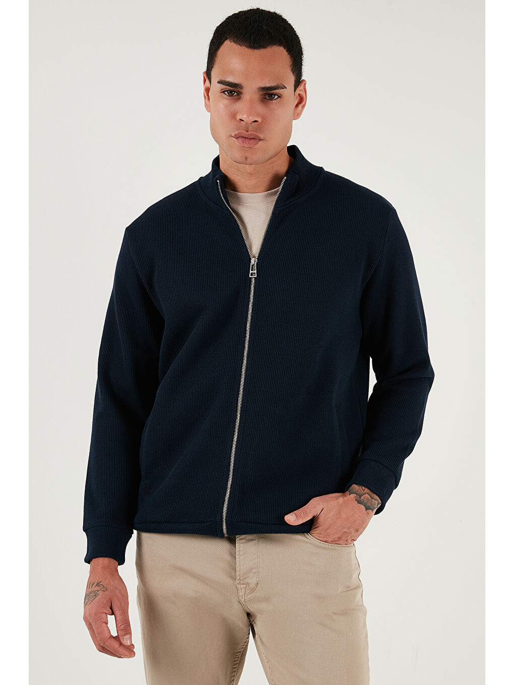 Lacivert Pamuklu Relaxed Fit Dik Yaka Fermuarlı Hırka 5901075-2