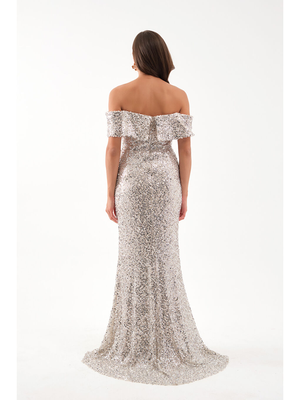 Kadın Bej Madonna Yaka Pul Payet Uzun Abiye Elbise-4