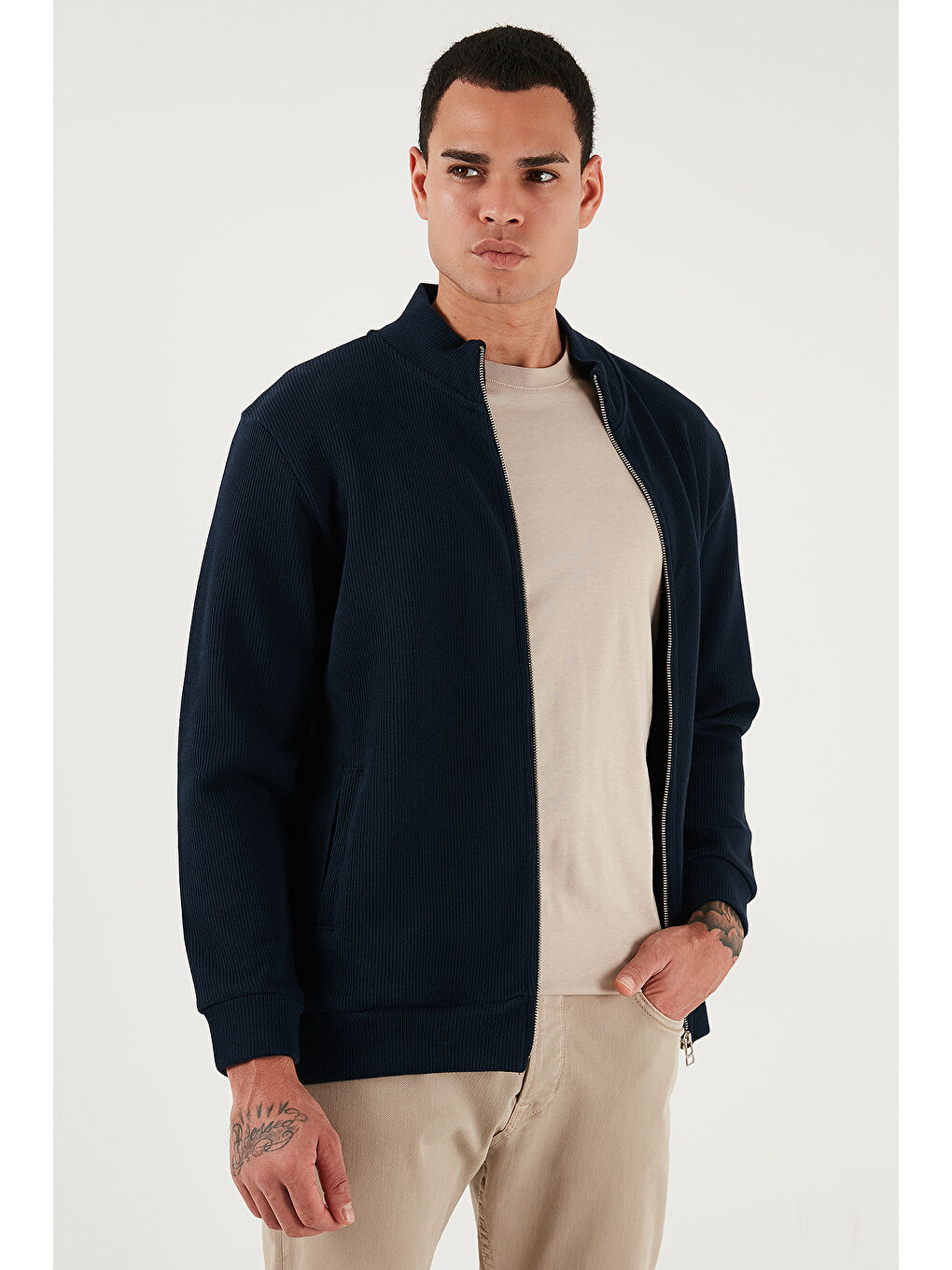 Lacivert Pamuklu Relaxed Fit Dik Yaka Fermuarlı Hırka 5901075-3