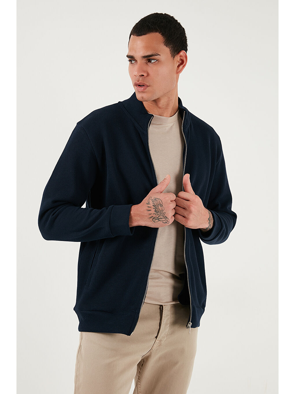 Lacivert Pamuklu Relaxed Fit Dik Yaka Fermuarlı Hırka 5901075-4