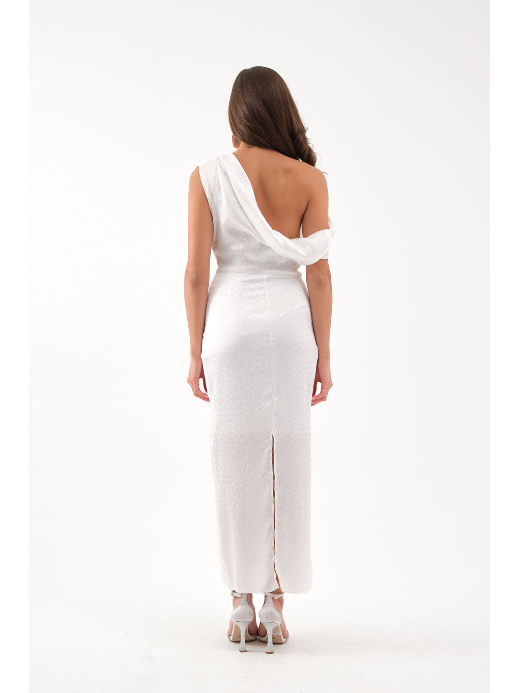 Kadın Beyaz Degaje Yaka Desenli Midi Elbise-4