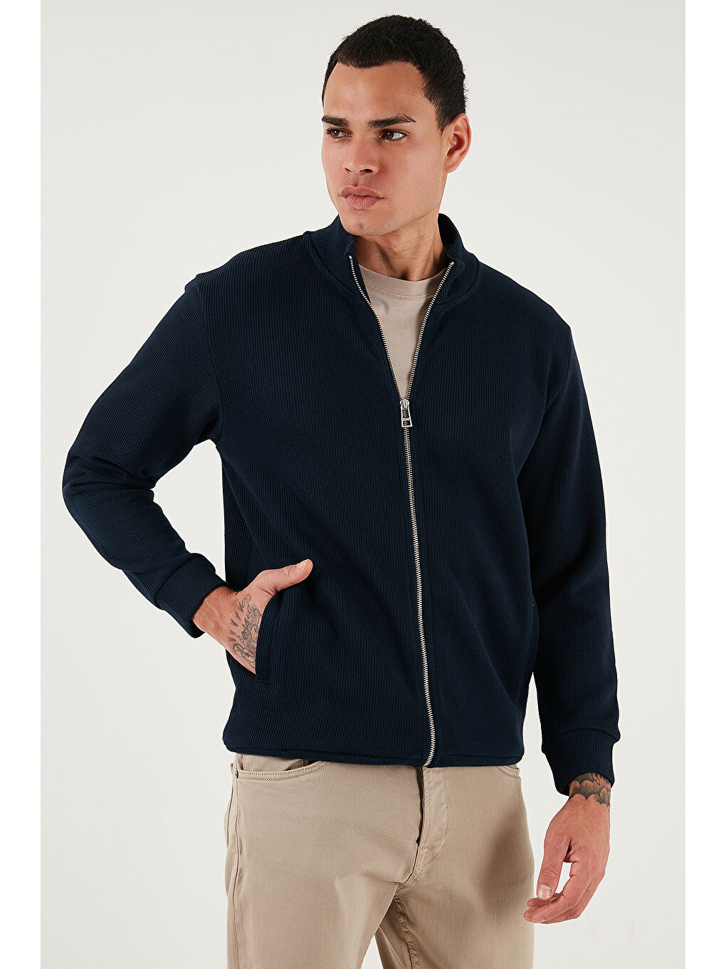 Lacivert Pamuklu Relaxed Fit Dik Yaka Fermuarlı Hırka 5901075-5