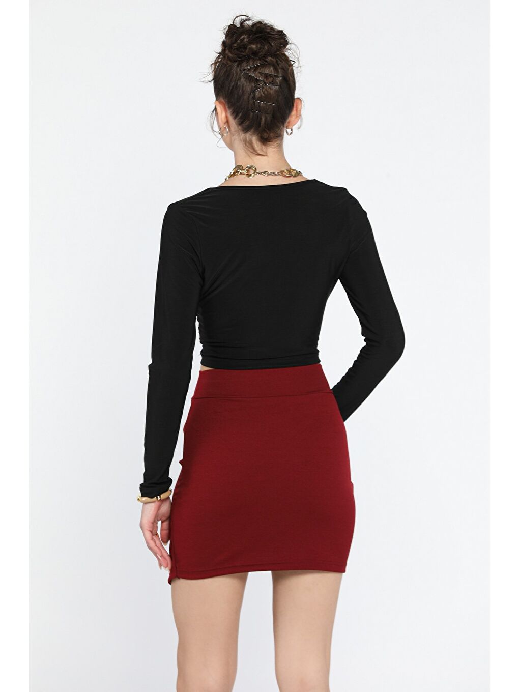 Gülseli Bordo Kadın Pileli Mini Etek - 3