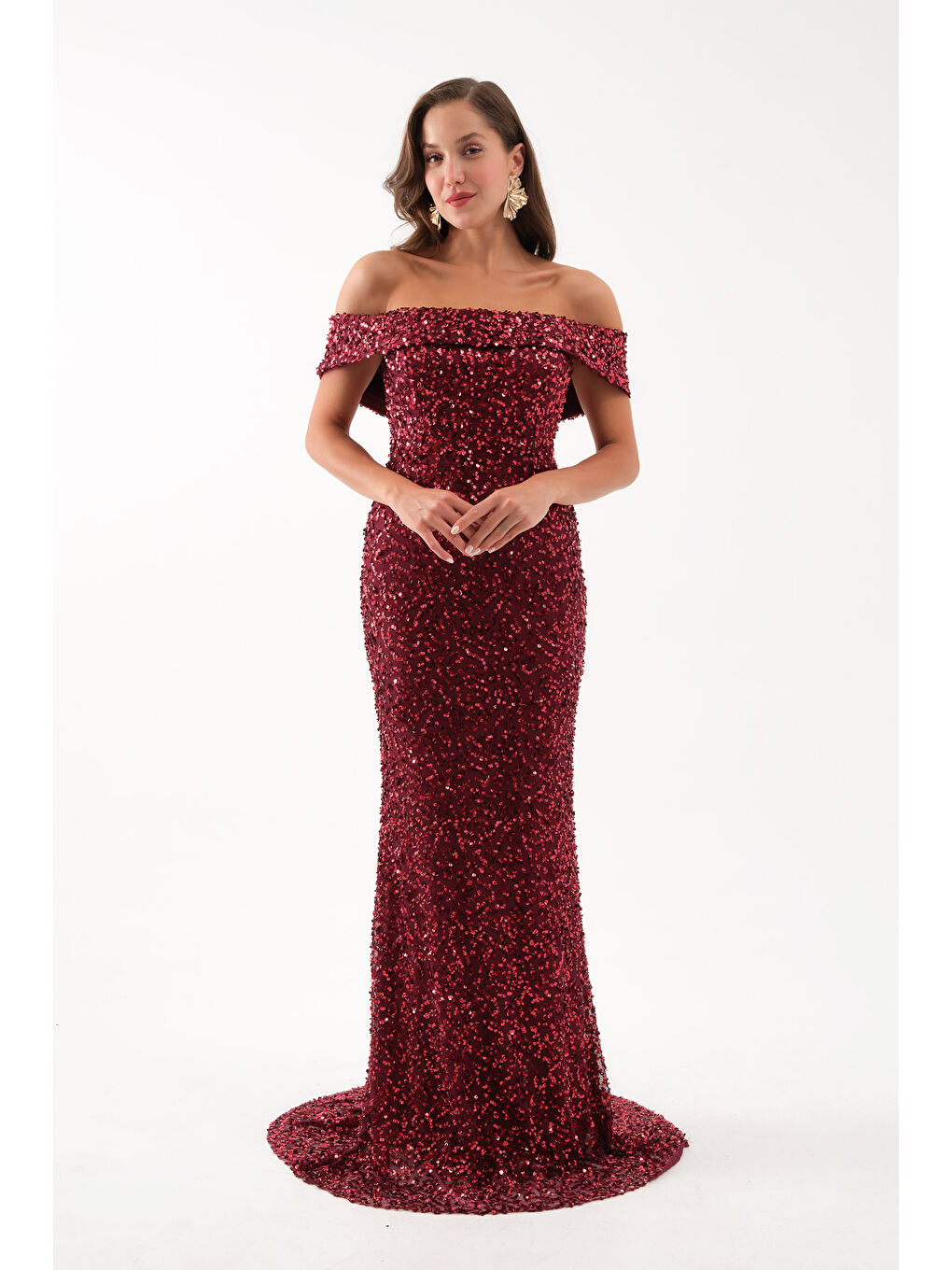 Kadın Bordo Madonna Yaka Pul Payet Uzun Abiye Elbise