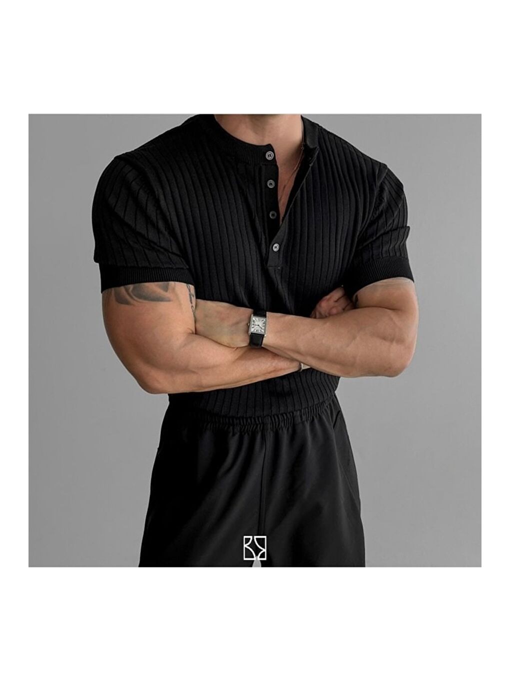 Siyah Erkek Hakim Yaka Düğmeli Triko T-Shirt