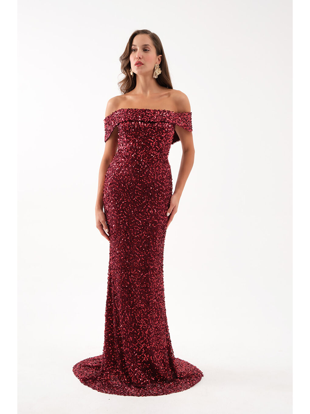 Kadın Bordo Madonna Yaka Pul Payet Uzun Abiye Elbise-1