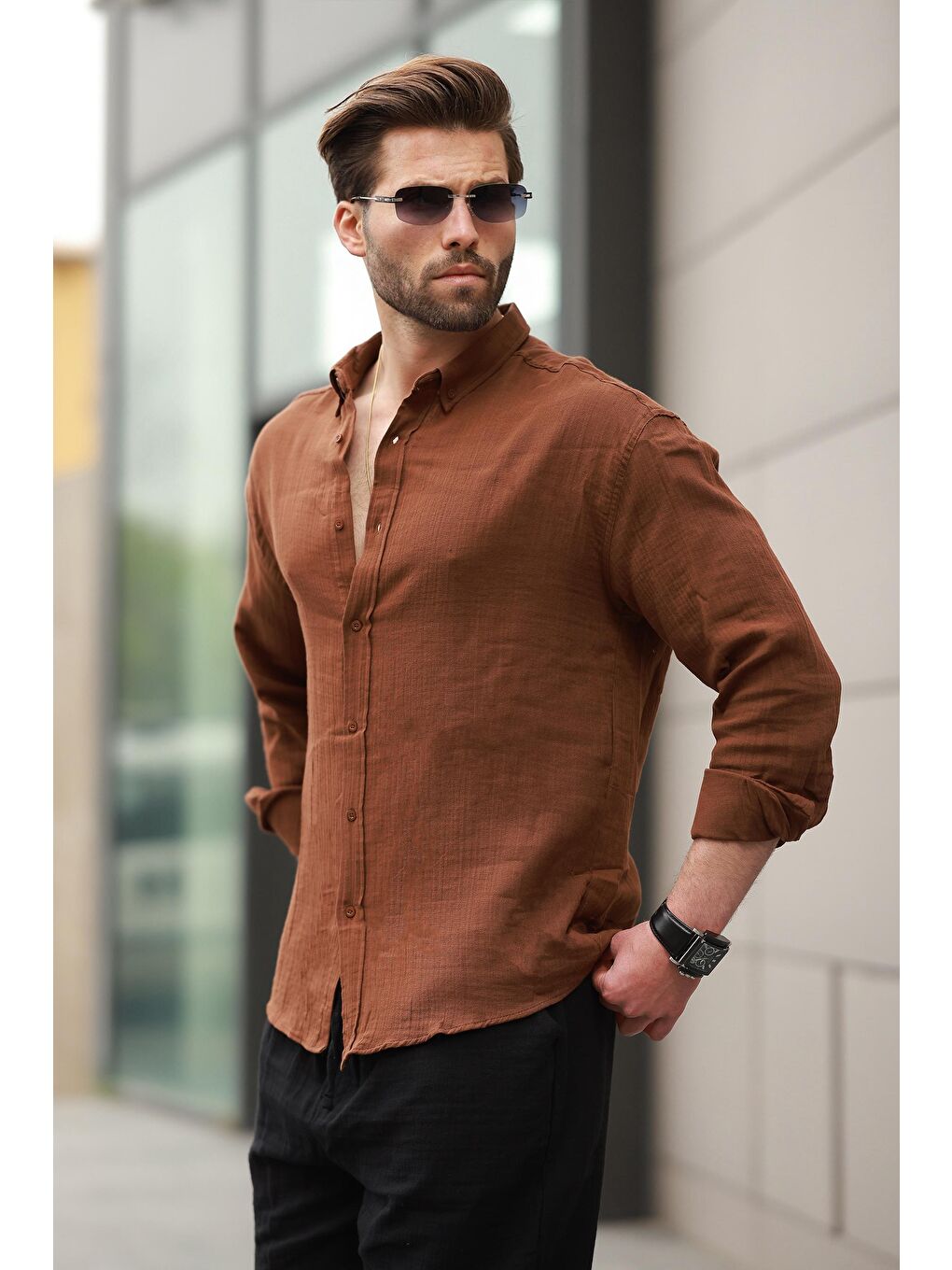 Kahverengi Basic %100 Pamuklu Uzun Kollu Erkek Gömlek E6761