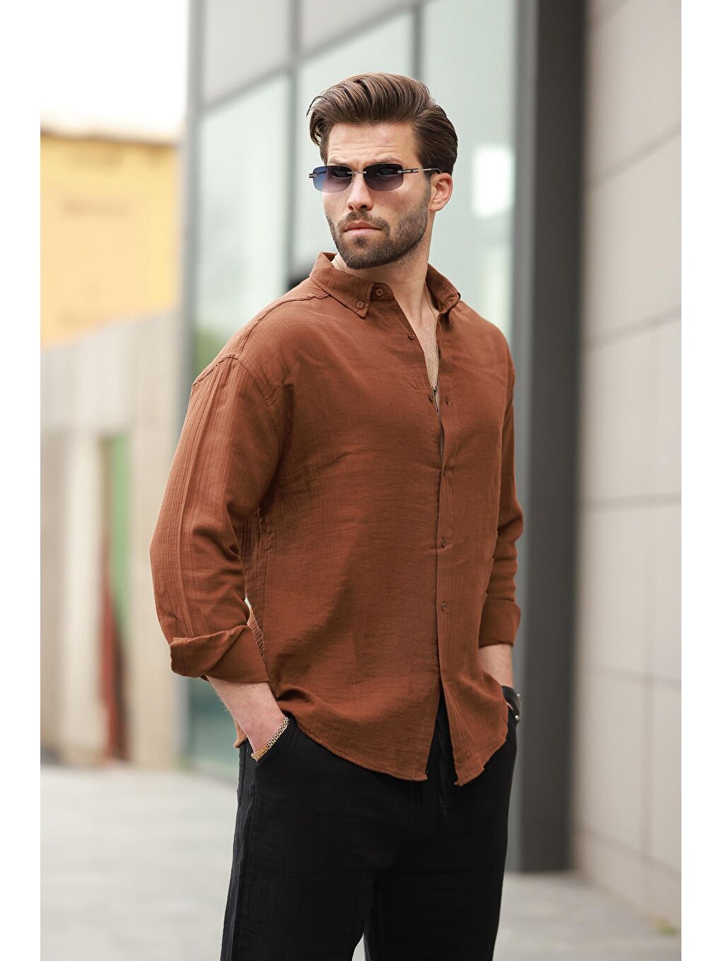 Kahverengi Basic %100 Pamuklu Uzun Kollu Erkek Gömlek E6761-1