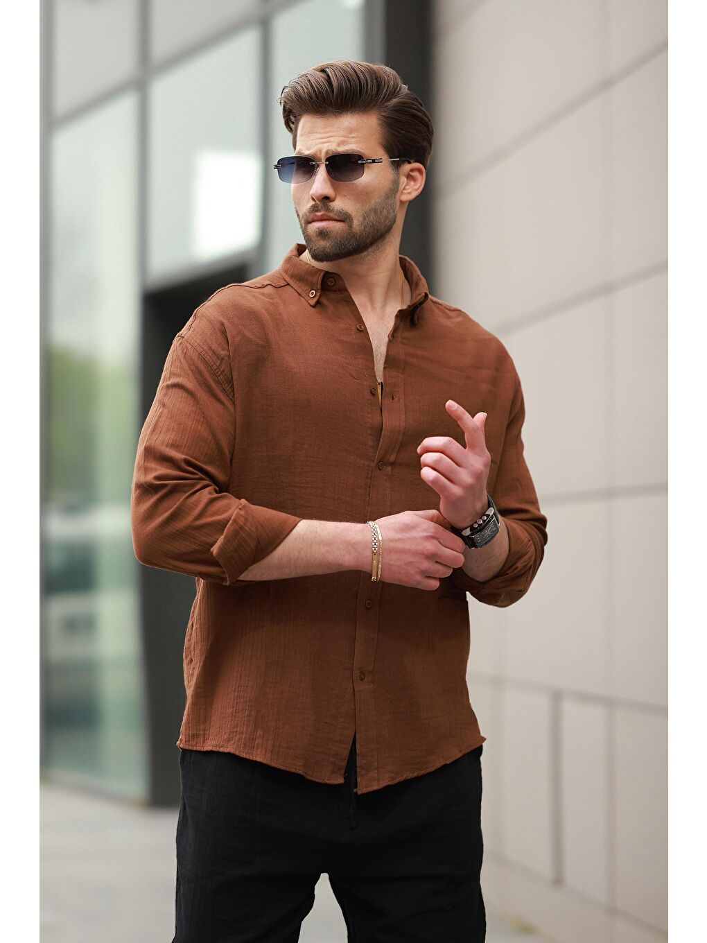 Kahverengi Basic %100 Pamuklu Uzun Kollu Erkek Gömlek E6761-2