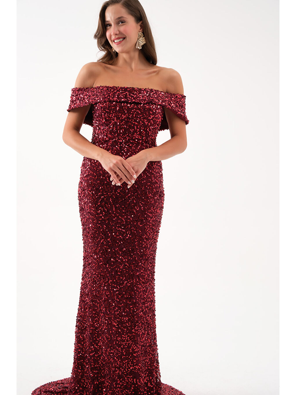 Kadın Bordo Madonna Yaka Pul Payet Uzun Abiye Elbise-2