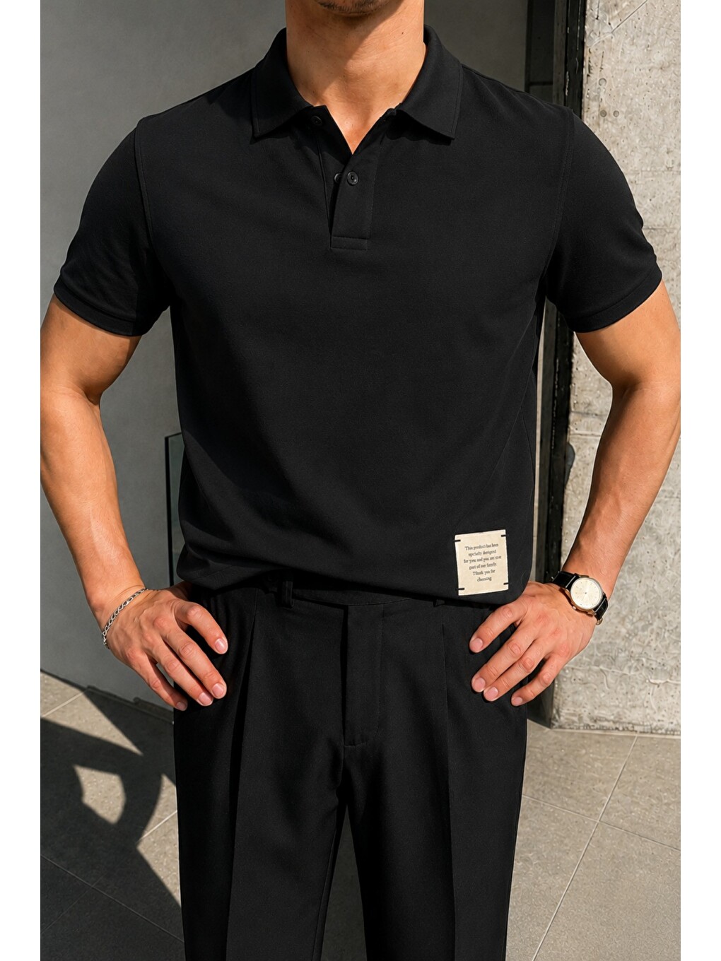 Siyah Erkek Basic Polo Yaka Pamuklu Kısa Kollu Tişört-1