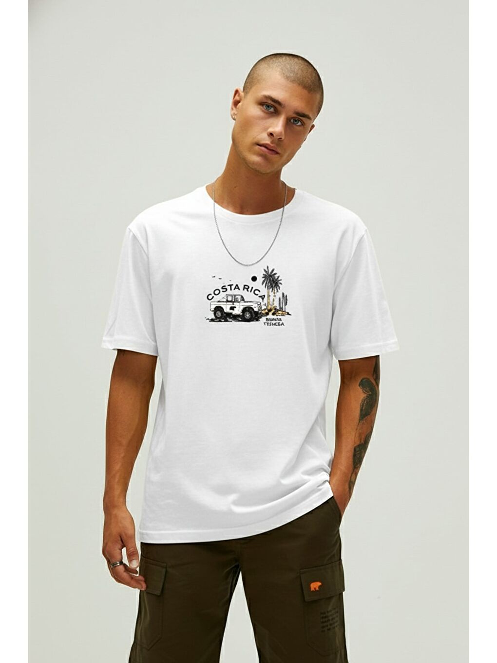 Costarıca Beyaz Erkek Baskılı Tişört-1