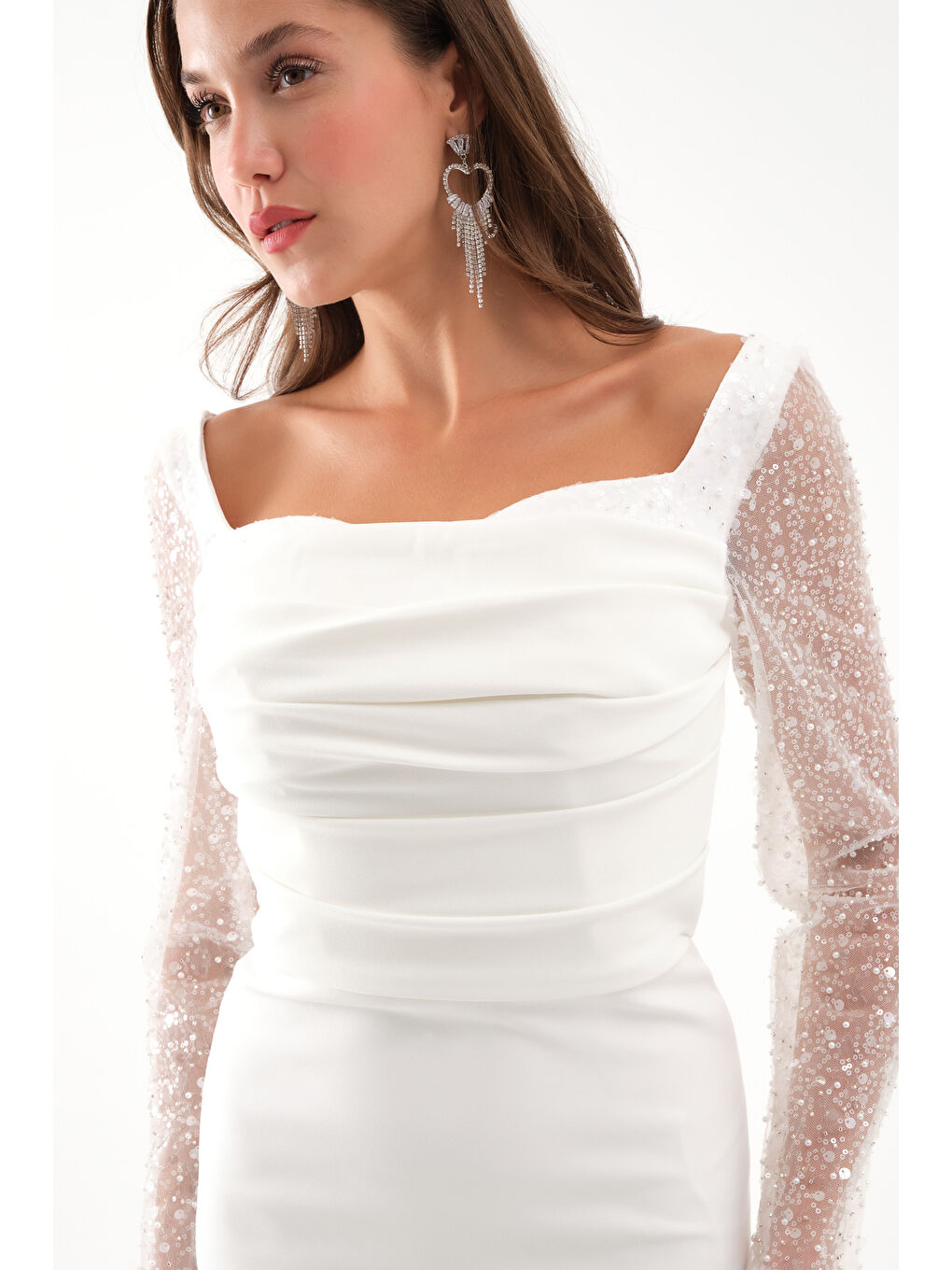 Kadın Beyaz Kol Detaylı Uzun Abiye Elbise-1