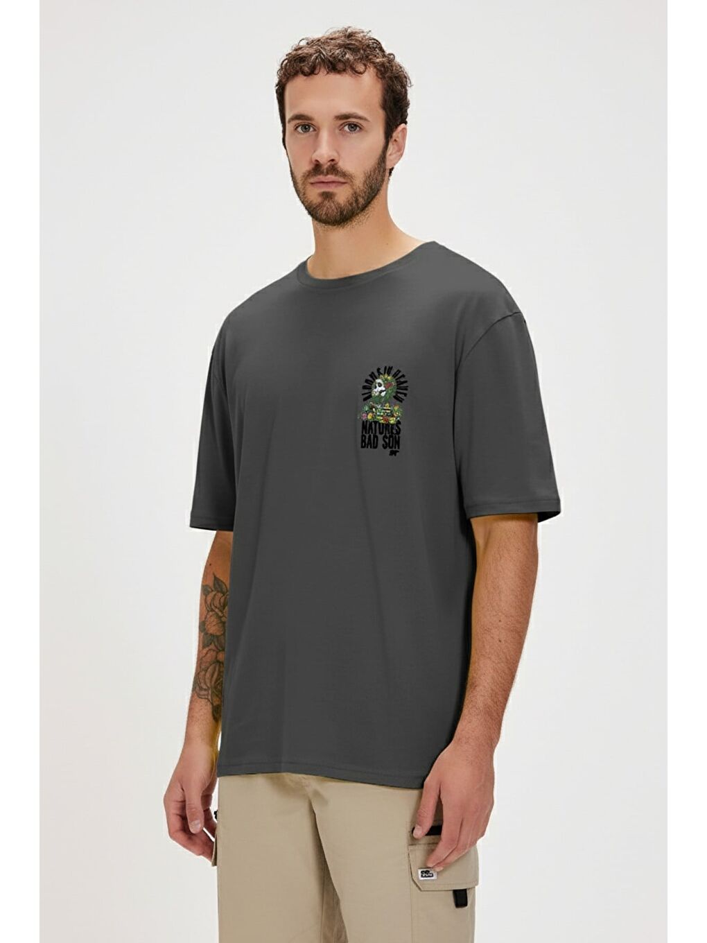 Gri Blooms Asfalt Erkek Baskılı Tişört-1