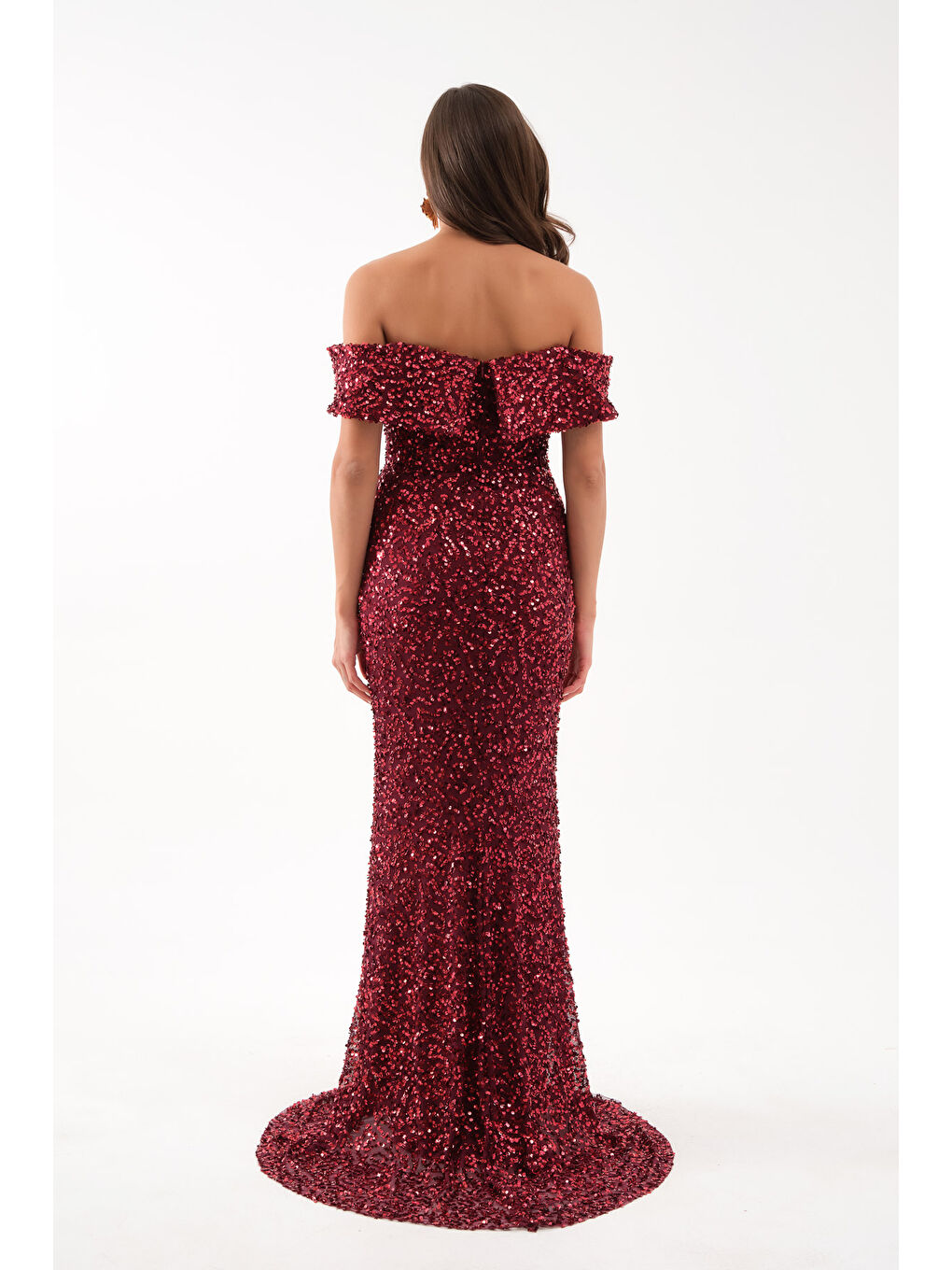 Kadın Bordo Madonna Yaka Pul Payet Uzun Abiye Elbise-4