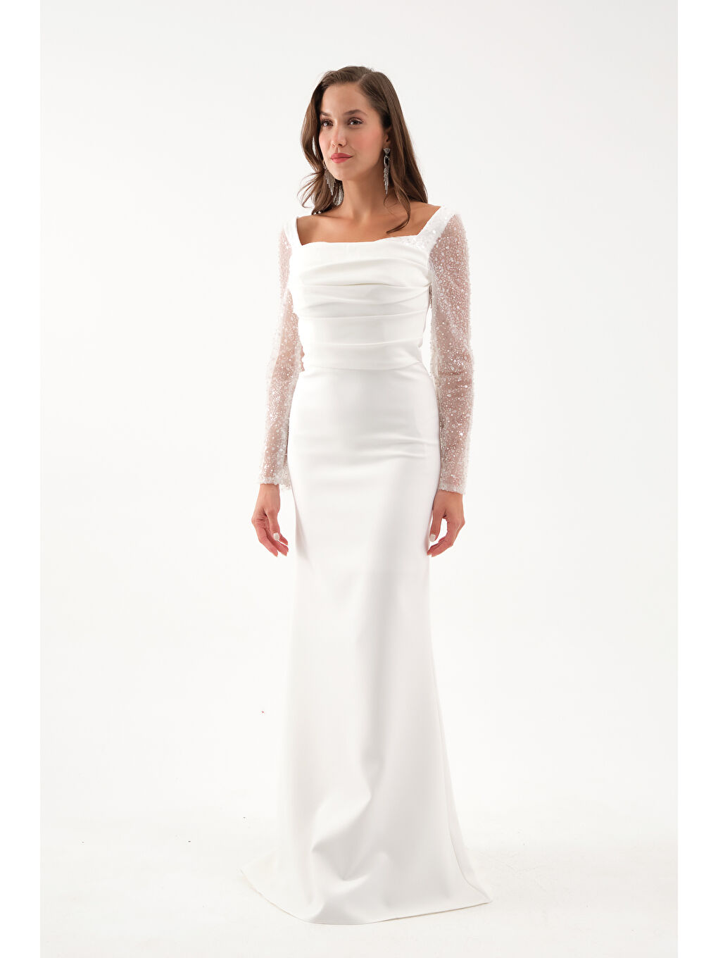 Kadın Beyaz Kol Detaylı Uzun Abiye Elbise-2