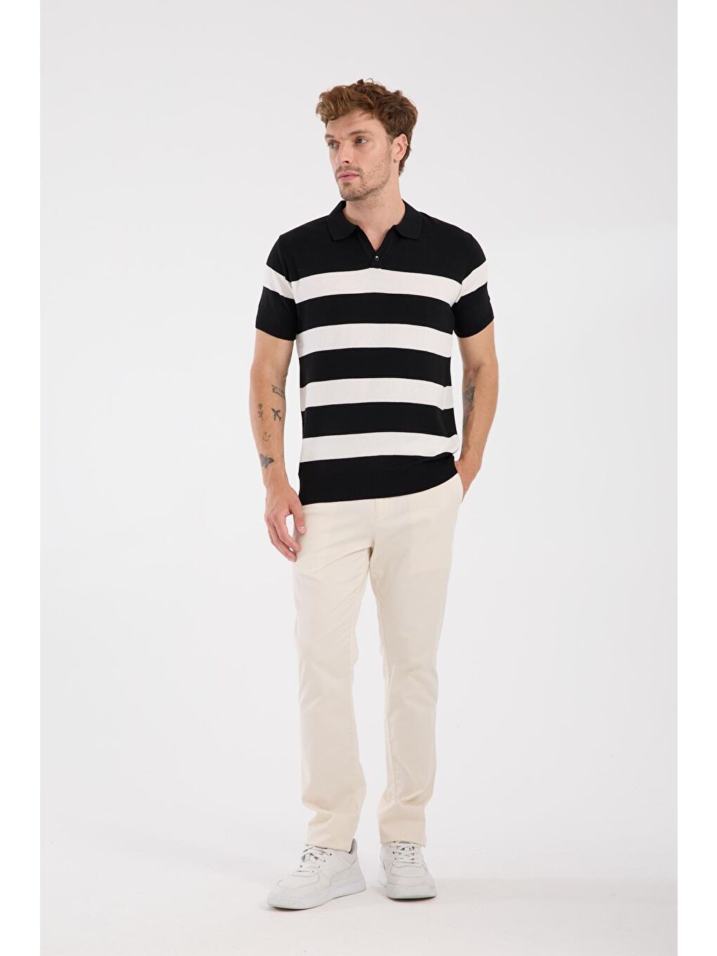 Aclub Bravo Örme Kumaş Viskon Karışımlı Slim Fit Siyah Polo Yaka Erkek Çizgili Polo Shirt-1
