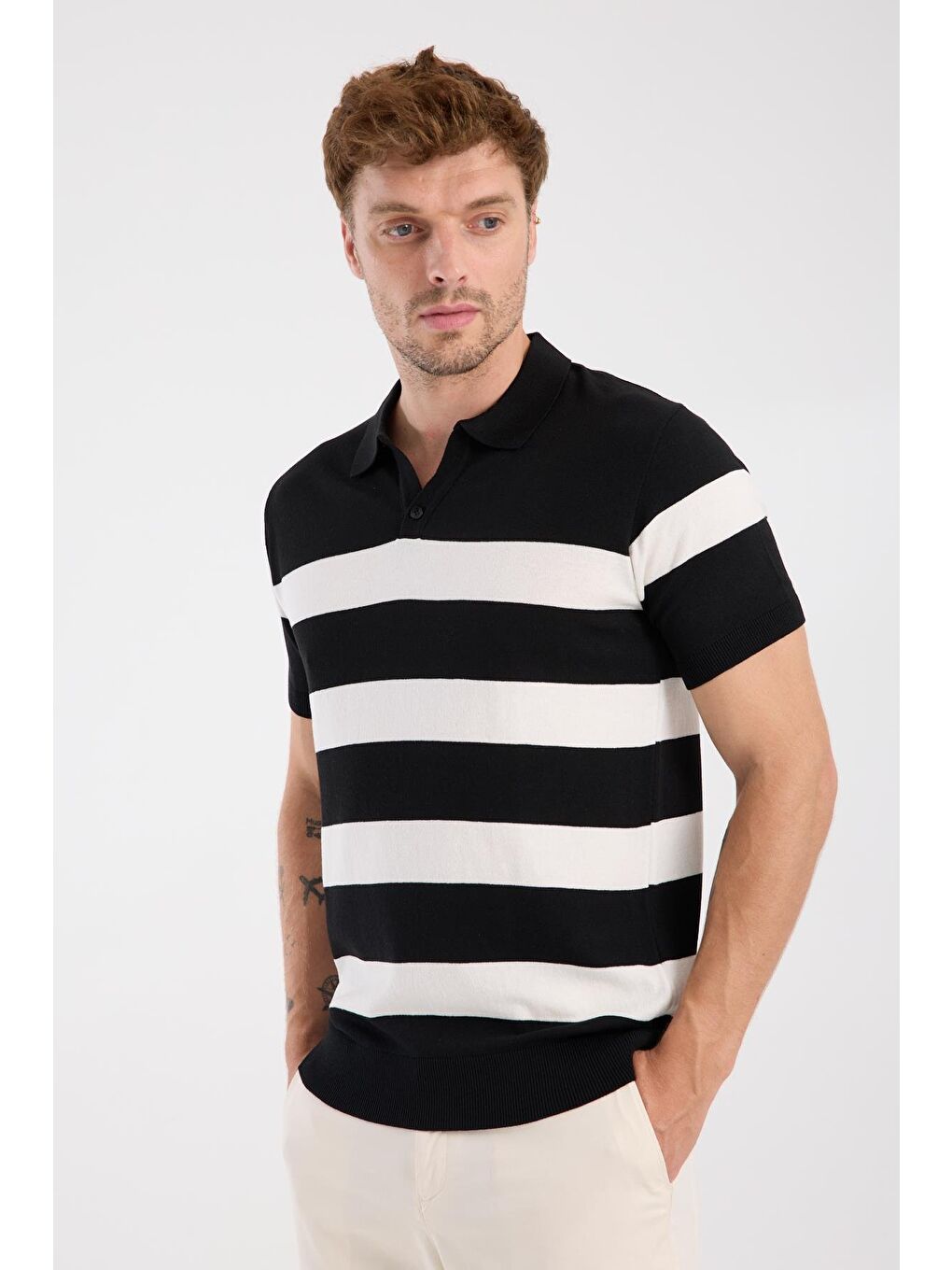 Aclub Bravo Örme Kumaş Viskon Karışımlı Slim Fit Siyah Polo Yaka Erkek Çizgili Polo Shirt-2