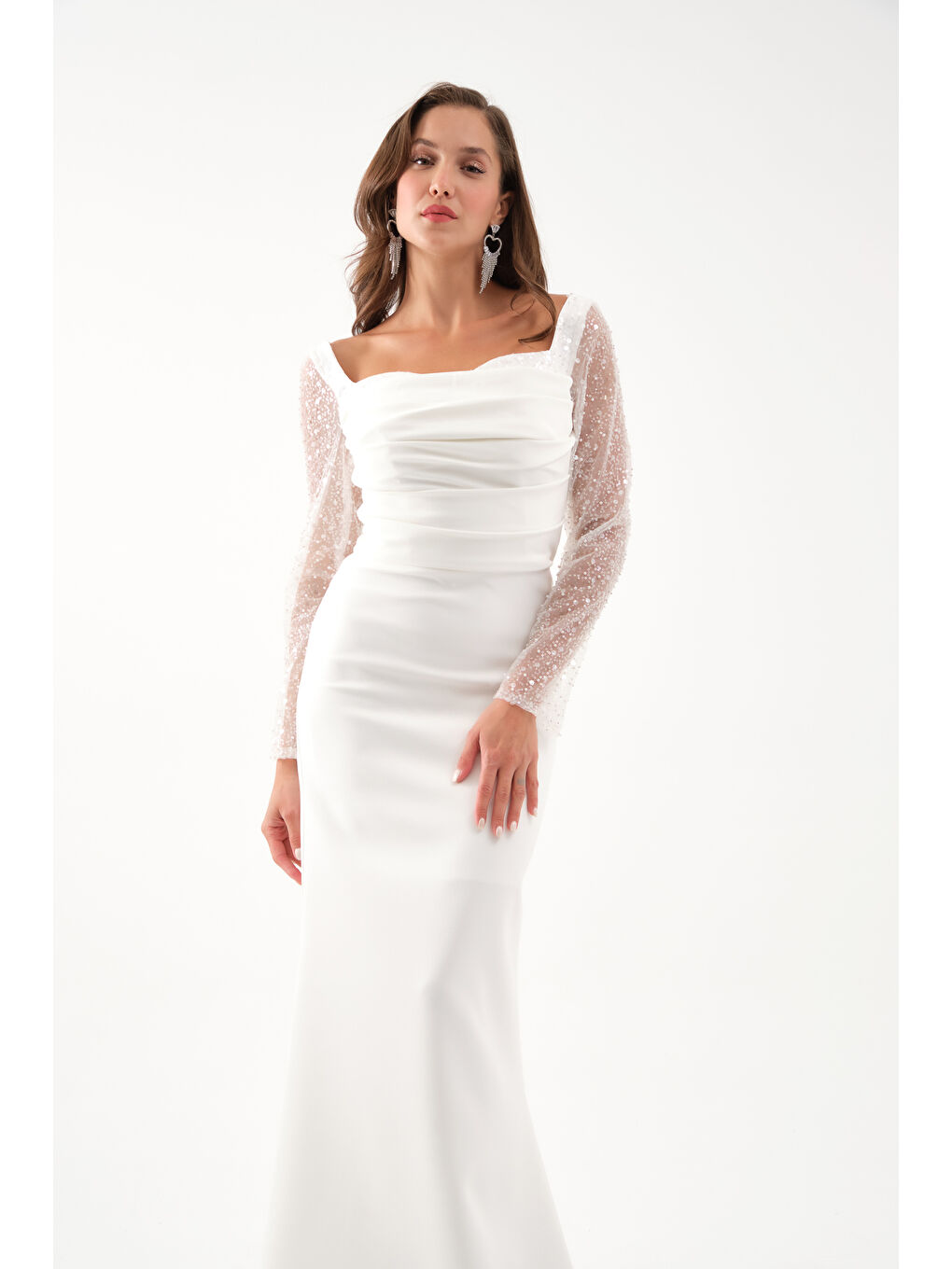 Kadın Beyaz Kol Detaylı Uzun Abiye Elbise-3