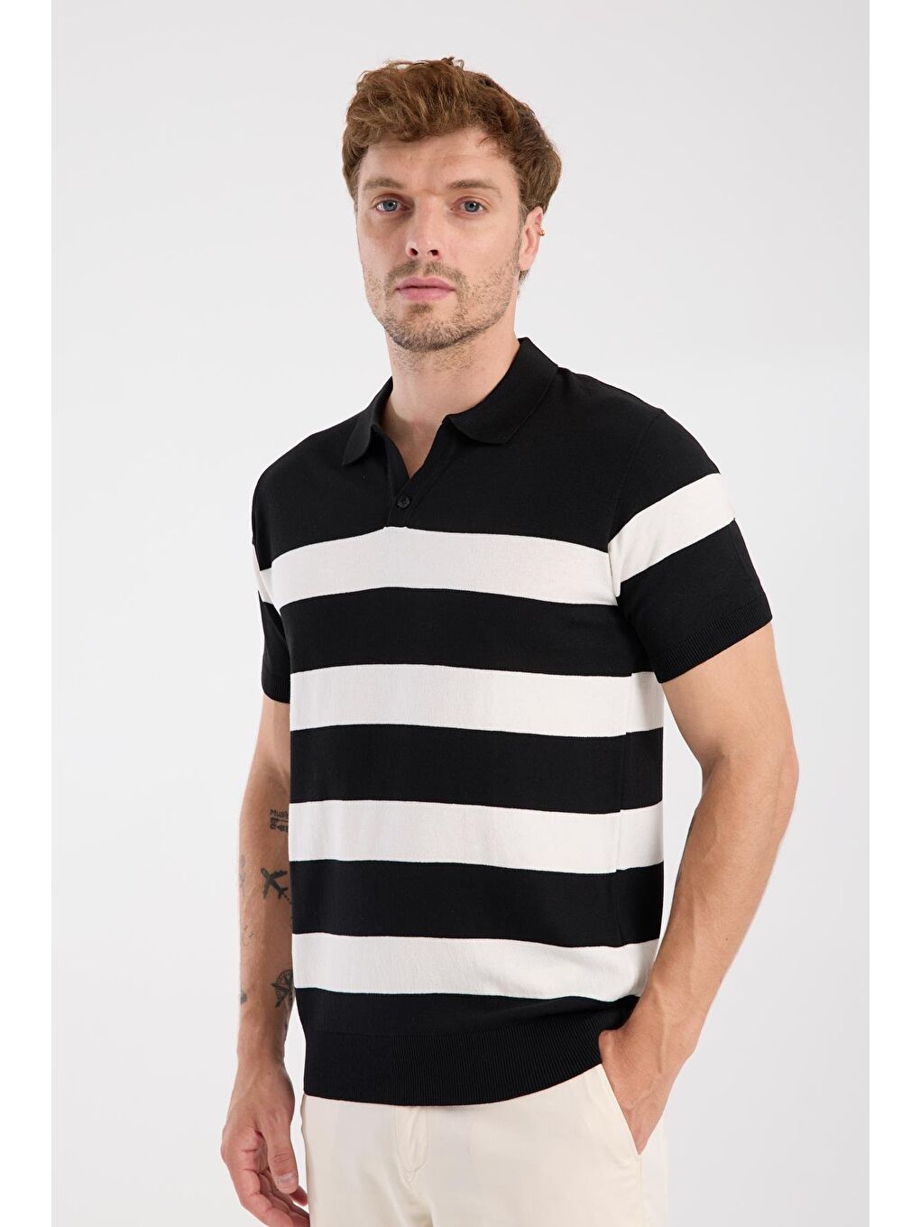 Aclub Bravo Örme Kumaş Viskon Karışımlı Slim Fit Siyah Polo Yaka Erkek Çizgili Polo Shirt-3