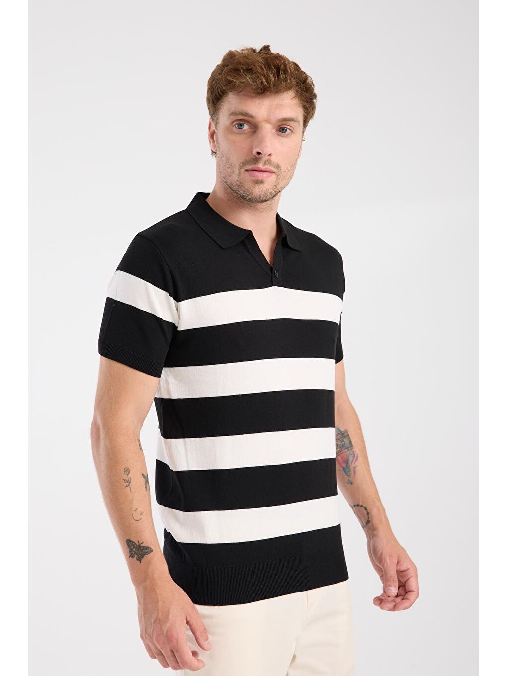 Aclub Bravo Örme Kumaş Viskon Karışımlı Slim Fit Siyah Polo Yaka Erkek Çizgili Polo Shirt-4