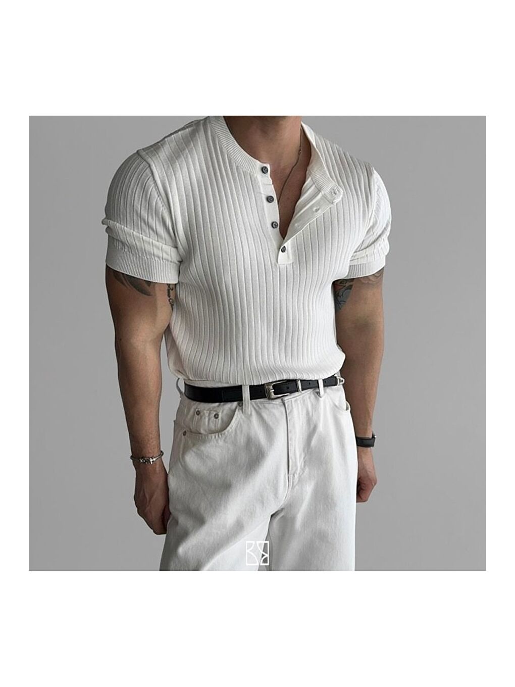 Beyaz Erkek Hakim Yaka Düğmeli Triko T-Shirt