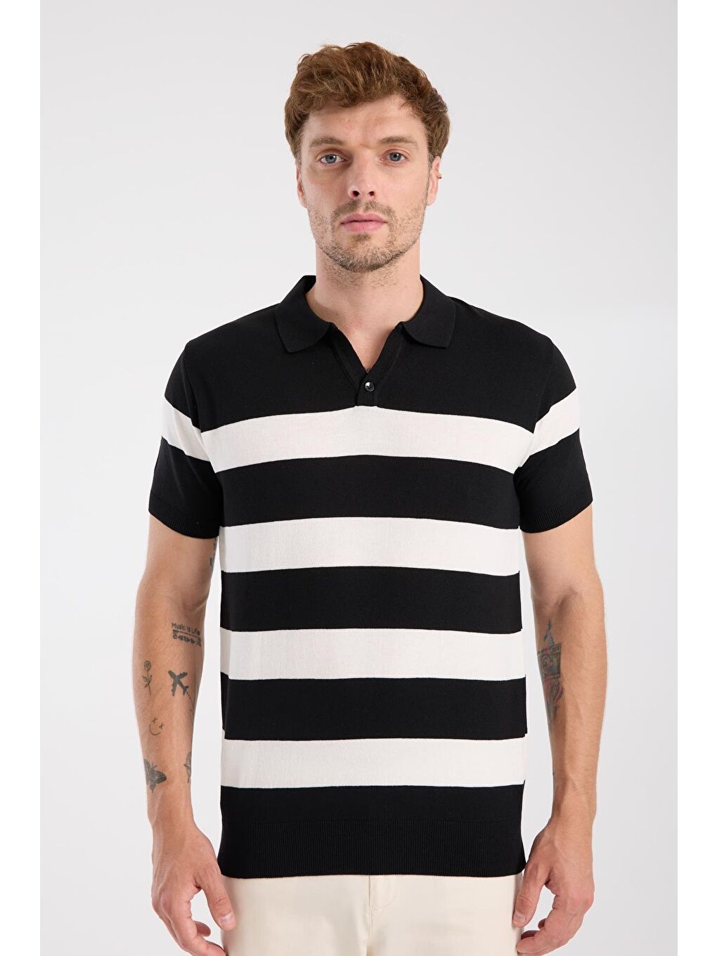 Aclub Bravo Örme Kumaş Viskon Karışımlı Slim Fit Siyah Polo Yaka Erkek Çizgili Polo Shirt-5