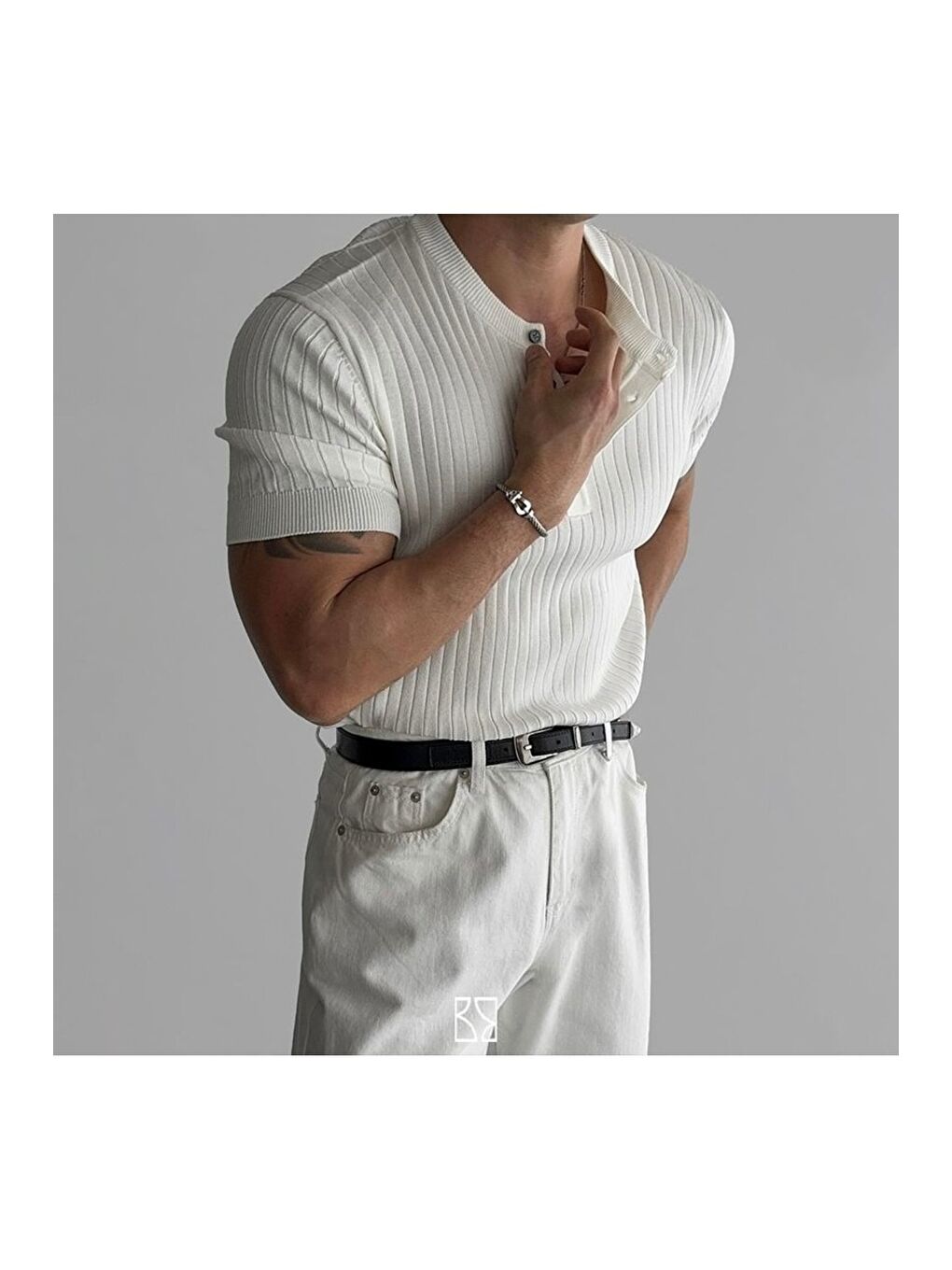 Beyaz Erkek Hakim Yaka Düğmeli Triko T-Shirt-1