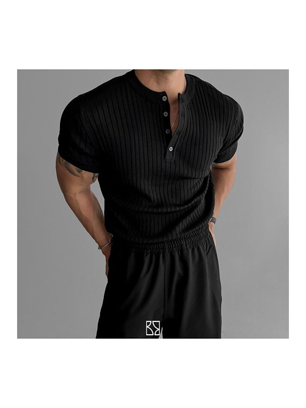 Siyah Erkek Hakim Yaka Düğmeli Triko T-Shirt-1