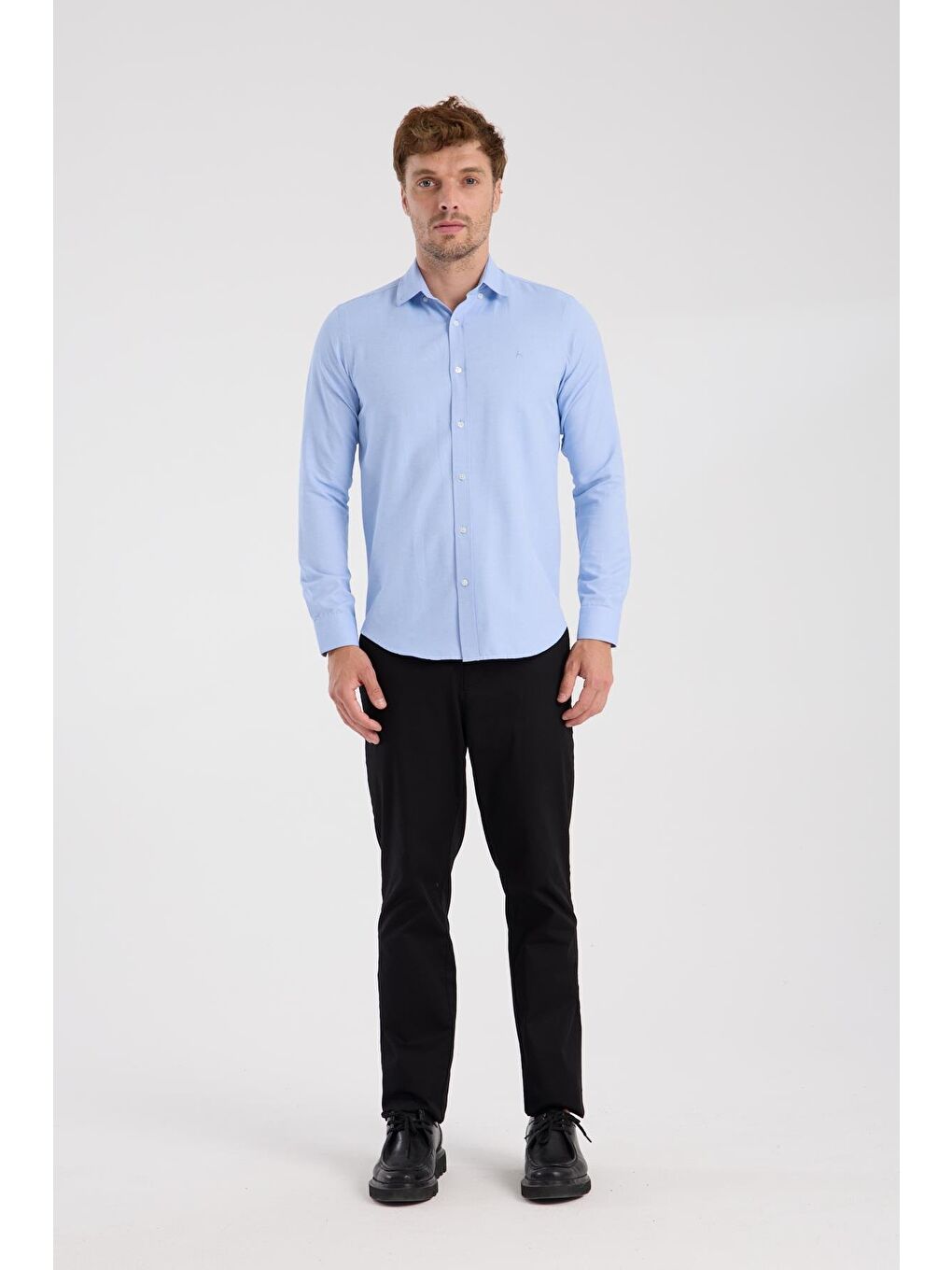Aclub Ac10112 Oxford Pamuklu Slim Fit Mavi Düğmeli Yaka Erkek Düz Gömlek
