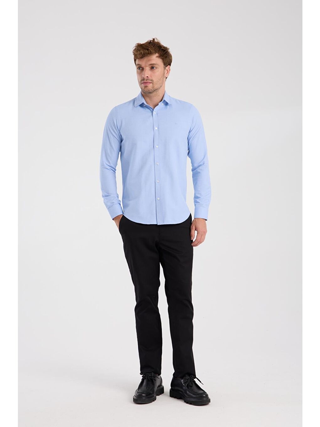 Aclub Ac10112 Oxford Pamuklu Slim Fit Mavi Düğmeli Yaka Erkek Düz Gömlek-1