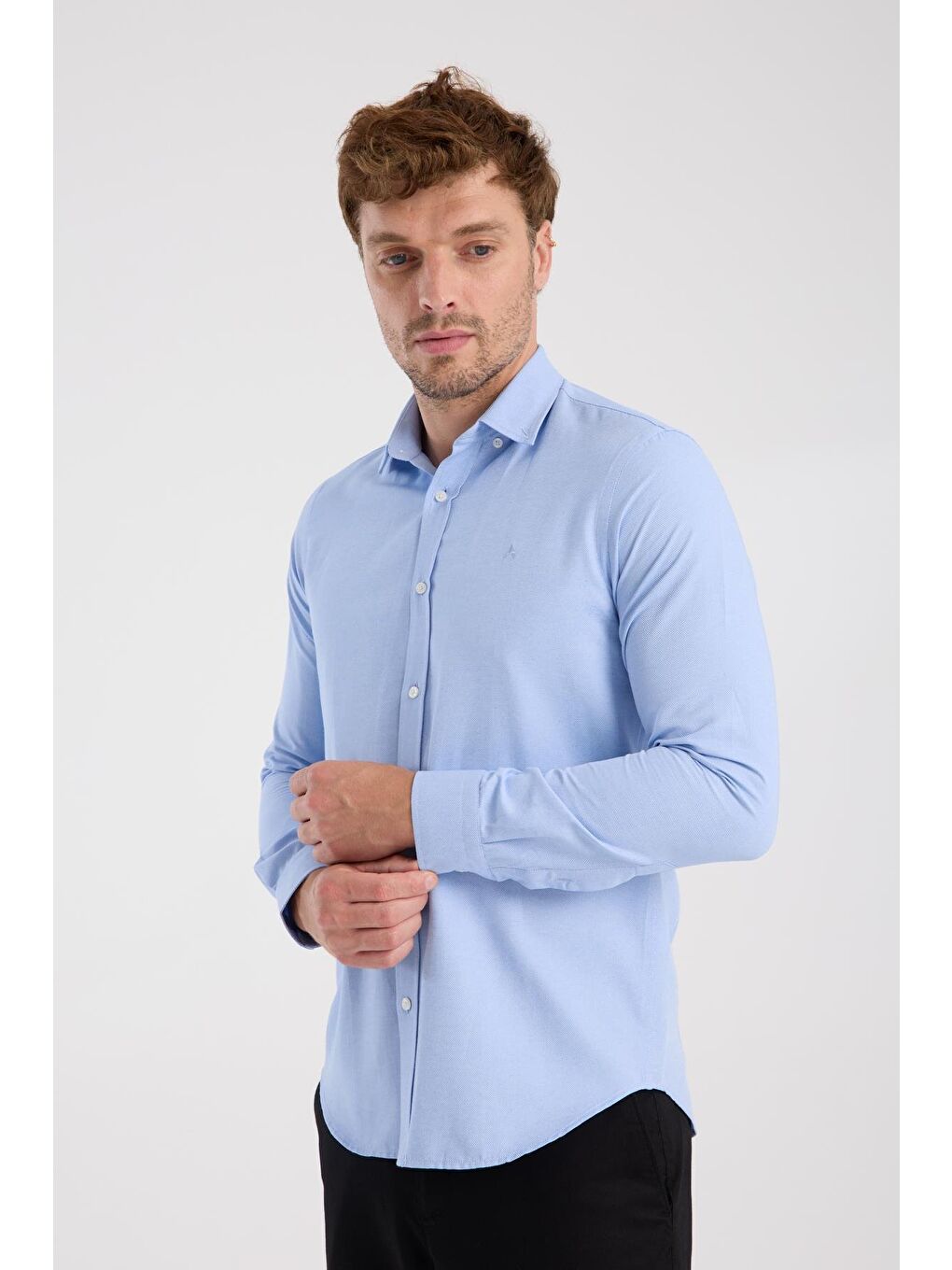 Aclub Ac10112 Oxford Pamuklu Slim Fit Mavi Düğmeli Yaka Erkek Düz Gömlek-2