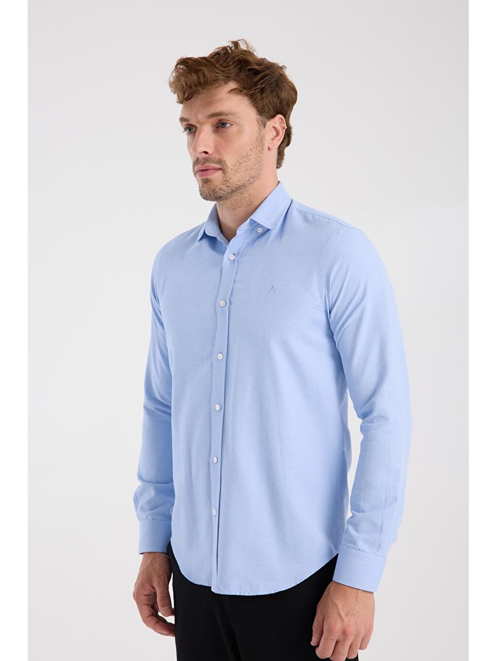 Aclub Ac10112 Oxford Pamuklu Slim Fit Mavi Düğmeli Yaka Erkek Düz Gömlek-3