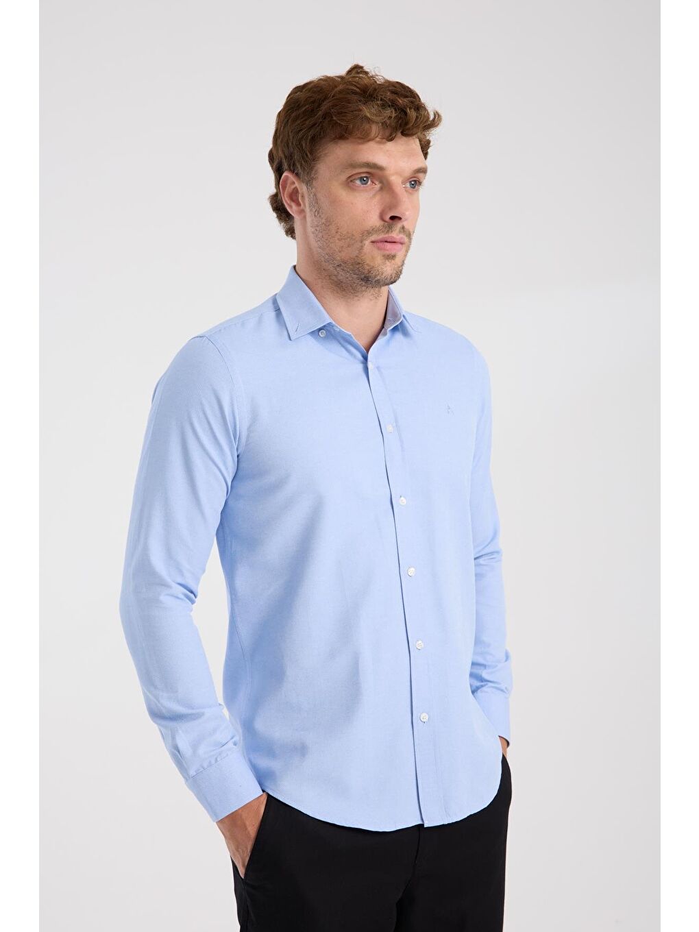 Aclub Ac10112 Oxford Pamuklu Slim Fit Mavi Düğmeli Yaka Erkek Düz Gömlek-5
